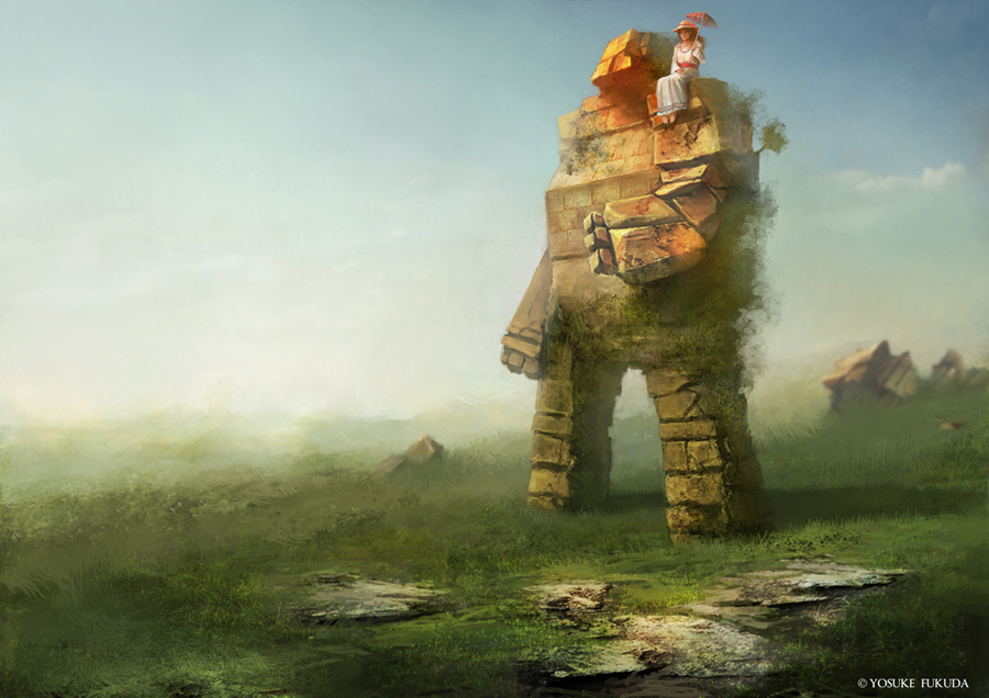 brown_hair, dress, golem, grass, hat, highres, long_hair, original, p_m, sitting, umbrella