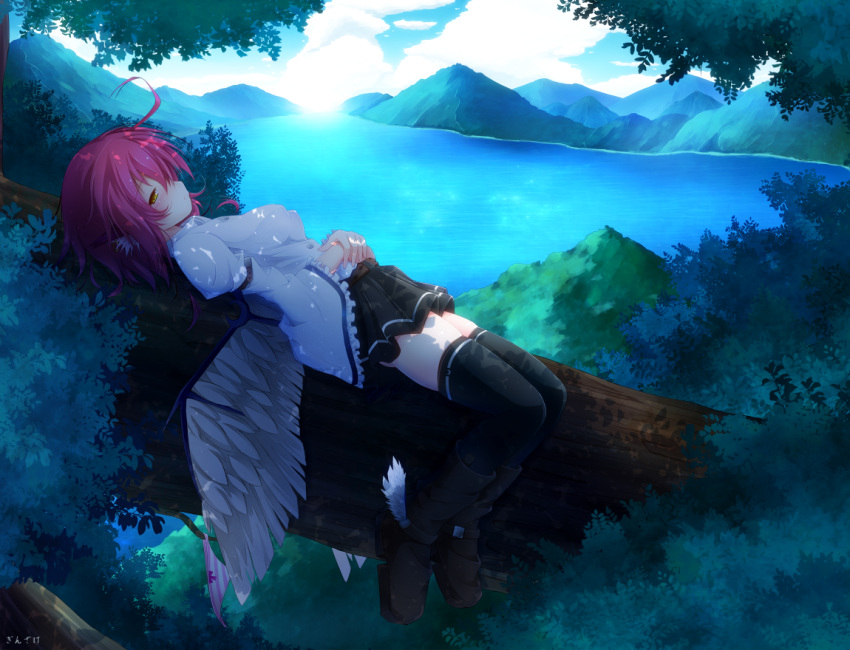 ahoge, alternate_costume, animal_ears, artist_name, belt, bird_wings, black_legwear, boots