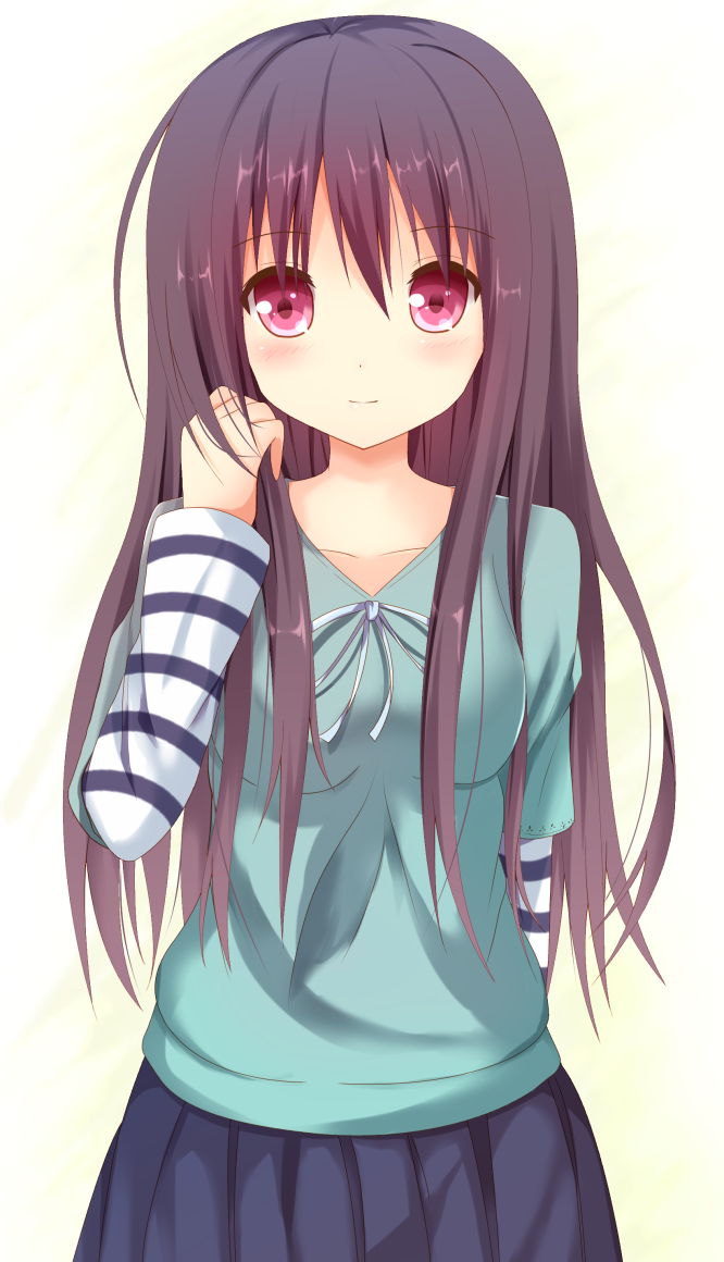 again8120, black_hair, blush, collarbone, long_hair, looking_at_viewer, original, pink_eyes, simple_background, skirt, smile, solo, striped, white_background