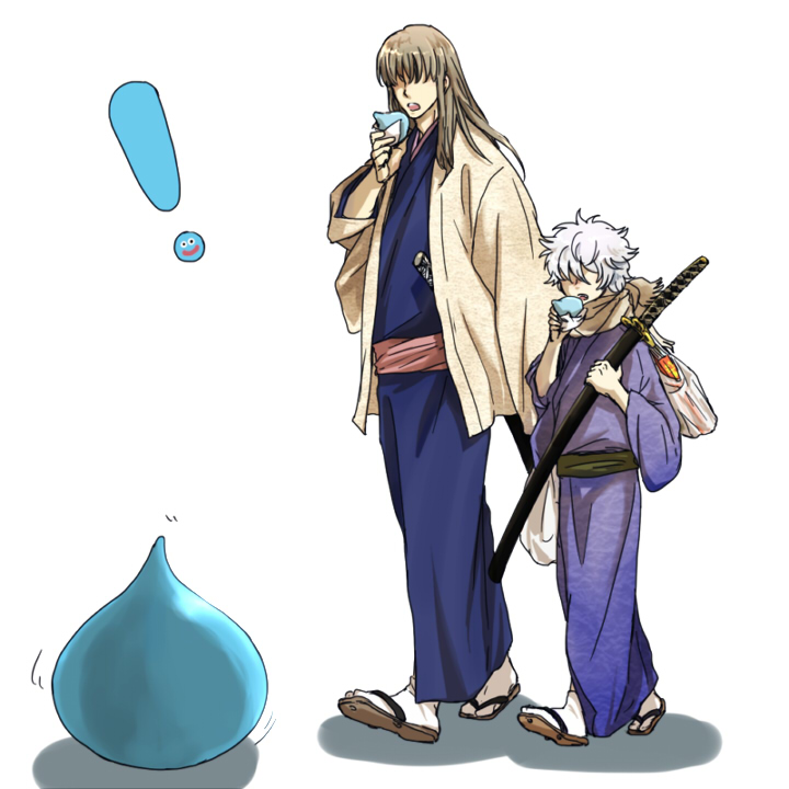 2boys, brown_hair, child, crossover, dragon_quest, eating, food, gintama, japanese_clothes, kimono, long_hair, multiple_boys, nijita, nikuman, sakata_gintoki, silver_hair, slime_(dragon_quest), yoshida_shouyou, young