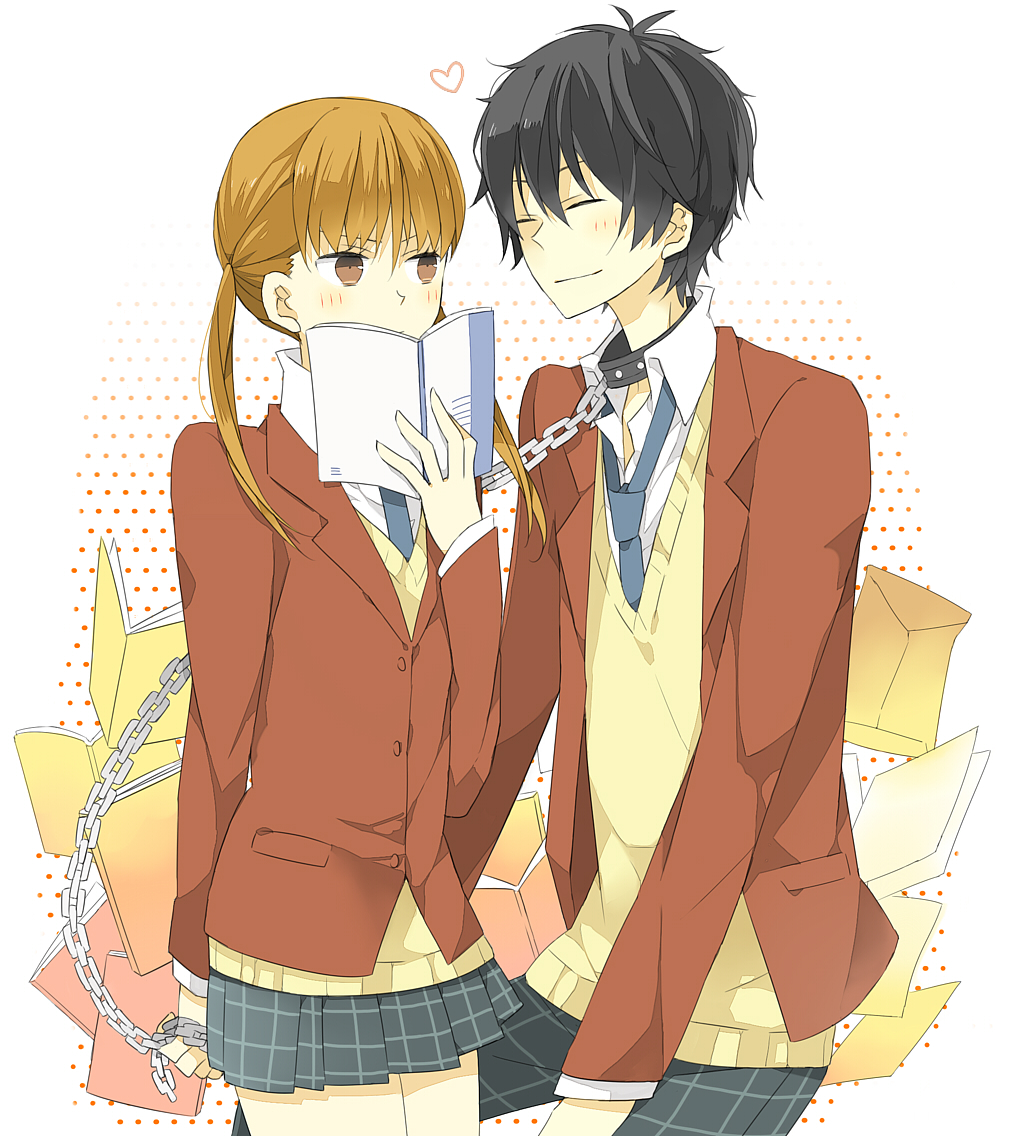 1girl, black_hair, blazer, blush, book, brown_eyes, brown_hair, chain