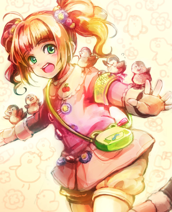 bag, bird, brown_hair, coat, green_eyes, idolmaster, shichi_miko, smile