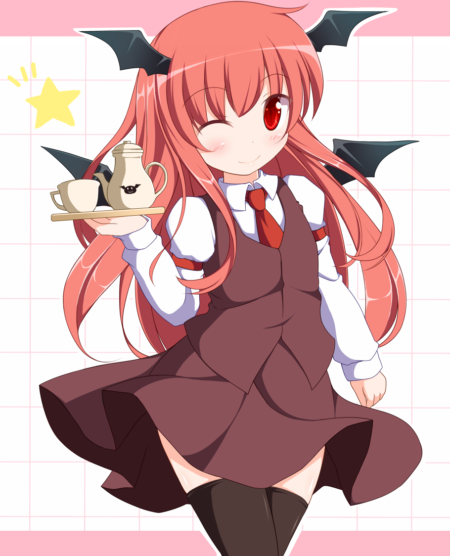 ;), black_legwear, blush, head_wings, holding, koakuma, long_hair, looking_at_viewer