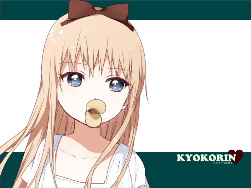 blue_eyes, bow, duck_face, food, hair_bow, light_brown_hair, long_hair, mouth_hold