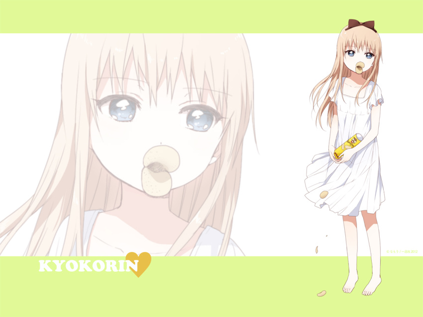 barefoot, blue_eyes, bow, dress, duck_face, food, hair_bow, light_brown_hair