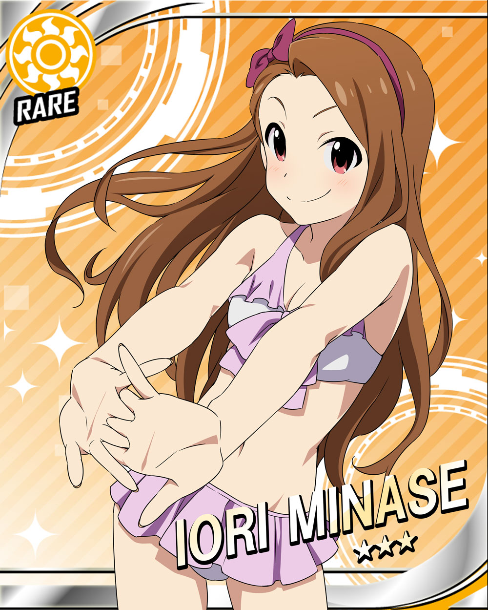 bikini, bow, breasts, brown_hair, character_name, cinderella_girls_card_parody, cleavage, hair_bow