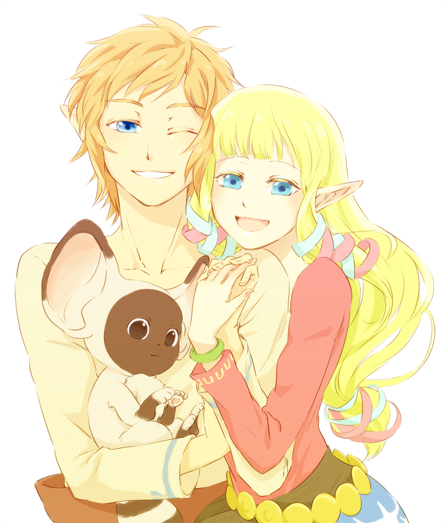 1girl, animal, blonde_hair, blue_eyes, bracelet, couple, hug, interlocked_fingers, jewelry, link, long_hair, orange_hair, pointy_ears, princess_zelda, remlit, saiba_(henrietta), short_hair, skyward_sword, smile, the_legend_of_zelda, wince, wink
