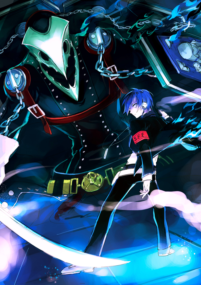 armband, blue_eyes, blue_hair, chain, chains, digital_media_player, headphones, kugukiugu