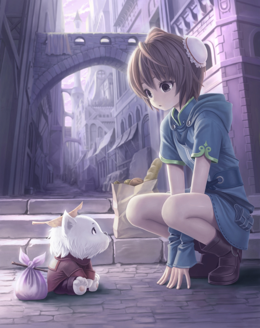 1girl, all_fours, animal, bag, belt, between_legs, bindle, black_eyes