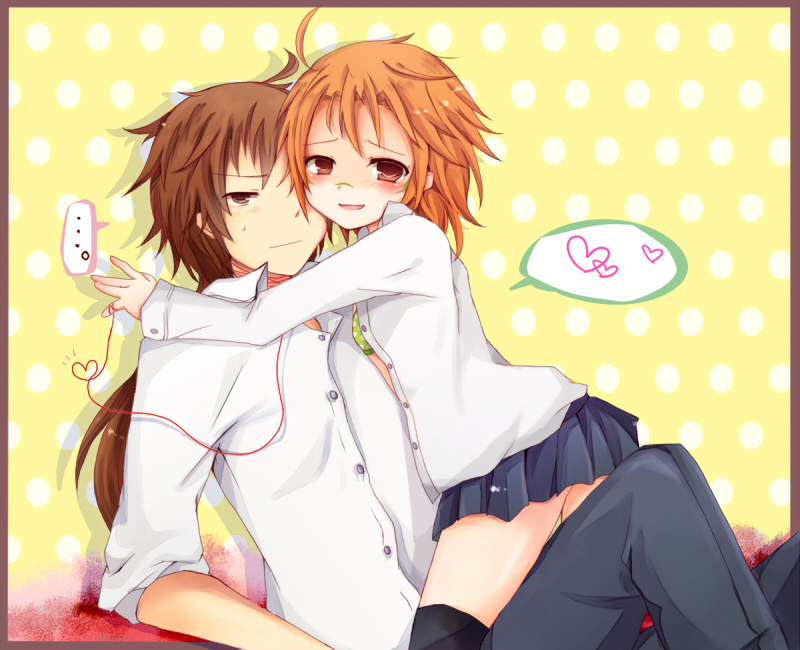 1boy, 1girl, 3535carrot, :d, black_legwear, blush, border, bra