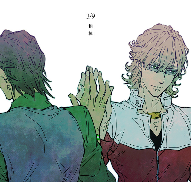 bad_id, barnaby_brooks_jr, blonde_hair, brown_hair, glasses, high_five, jacket, kaburagi_t_kotetsu, lotto_honey, multiple_boys, muted_color, red_jacket, tiger_&amp;_bunny, vest, waistcoat