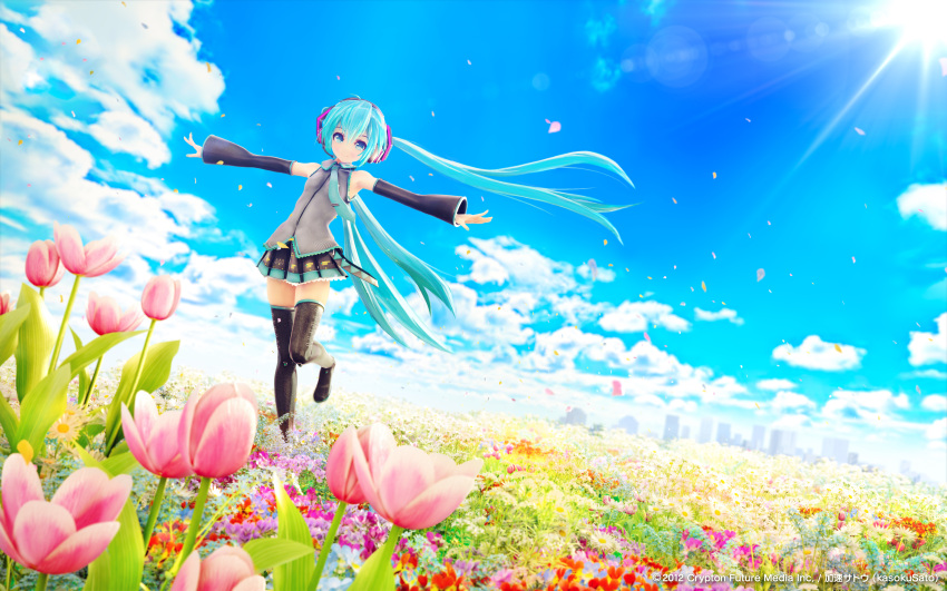 3d, chuukarudoruhu, city, clouds, flower, flowers, hatsune_miku, photoshop, sky, thigh-highs, thighhighs, twintails, vocaloid, zettai_ryouiki