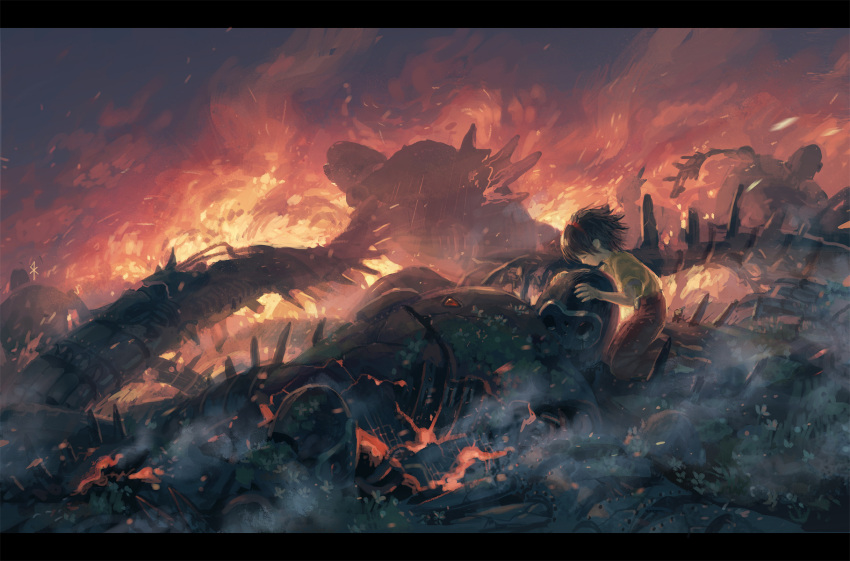 1girl, closed_eyes, fire, ghibli, hairband, highres, holding, hug, kneeling, laputa, letterboxed, monster, robot, seeker, sheeta, short_hair, side, spoilers, studio_ghibli, tenkuu_no_shiro_laputa, touching