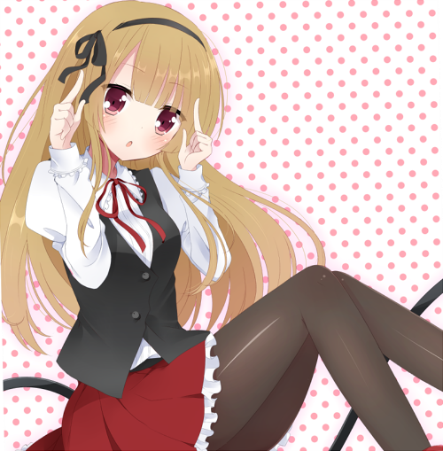 :o, black_legwear, blonde_hair, blush, hair_ribbon, kzom, long_hair, original