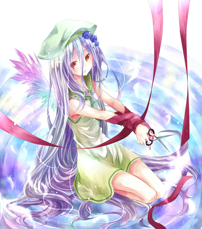 angel_wings, bdsm, beret, bondage, bound_wrists, dress, flower, hair_flower