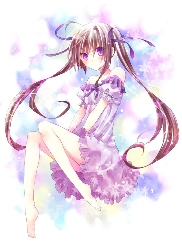 bare_shoulders, barefoot, brown_hair, forni_(kazato_amane), hair_ribbon, kazato_amane, long_hair, original