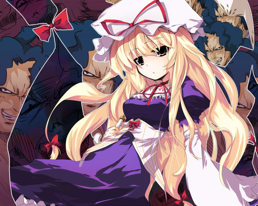 blonde_hair, blue_hair, bow, breasts, dress, gap, gundam, gym_ghingnham