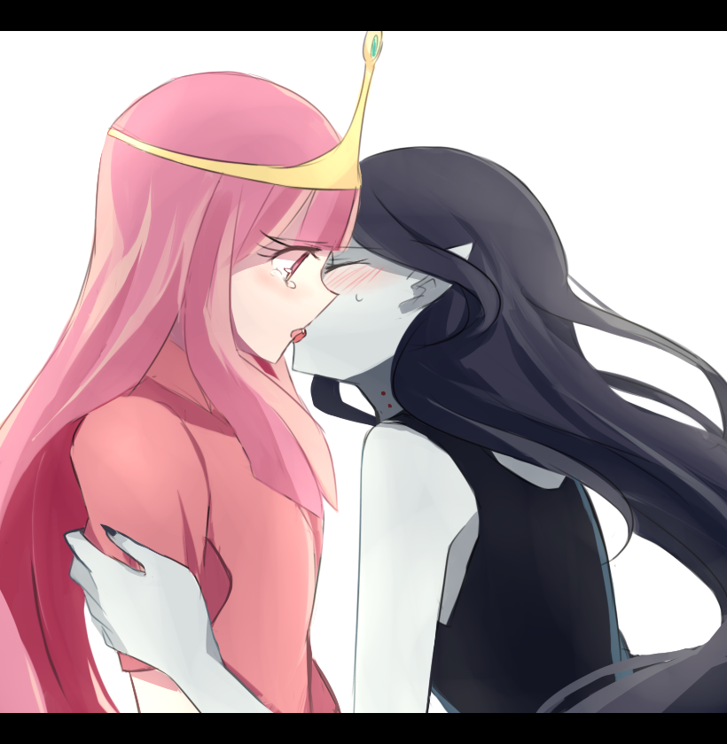 2girls, adventure_time, black_hair, blush, kiss, letterboxed, long_hair, marceline