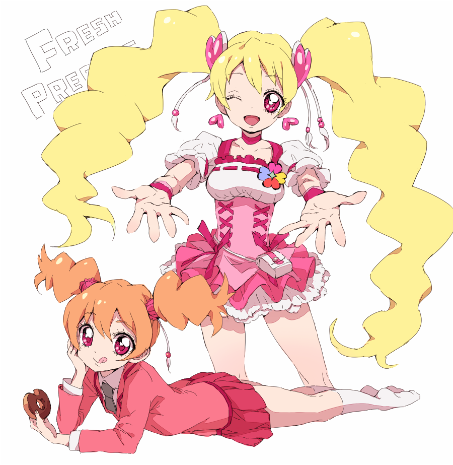 :q, ;d, blonde_hair, cure_peach, doughnut, dual_persona, fresh_precure!, heart