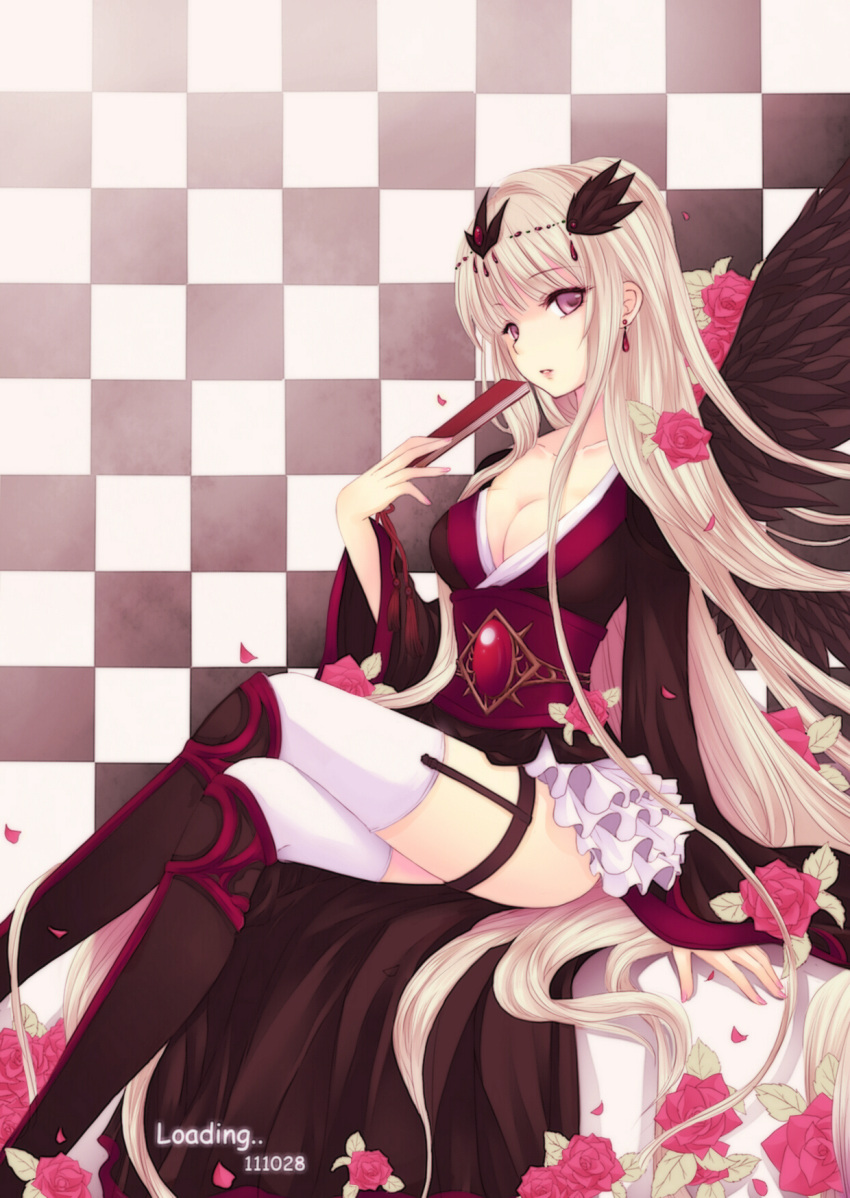 artist_name, black_wings, blonde_hair, breasts, character_request, cleavage, collarbone, copyright_request