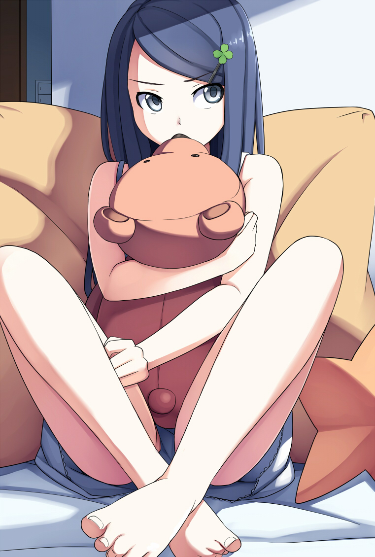 bare_shoulders, barefoot, black_hair, blue_eyes, blue_hair, casual, clover, feet