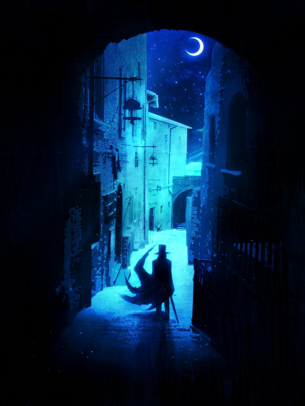 cape, cityscape, crescent_moon, dannzairosuto, from_behind, hat, highres, moon, night, night_sky, original, scenery, sky, solo, star