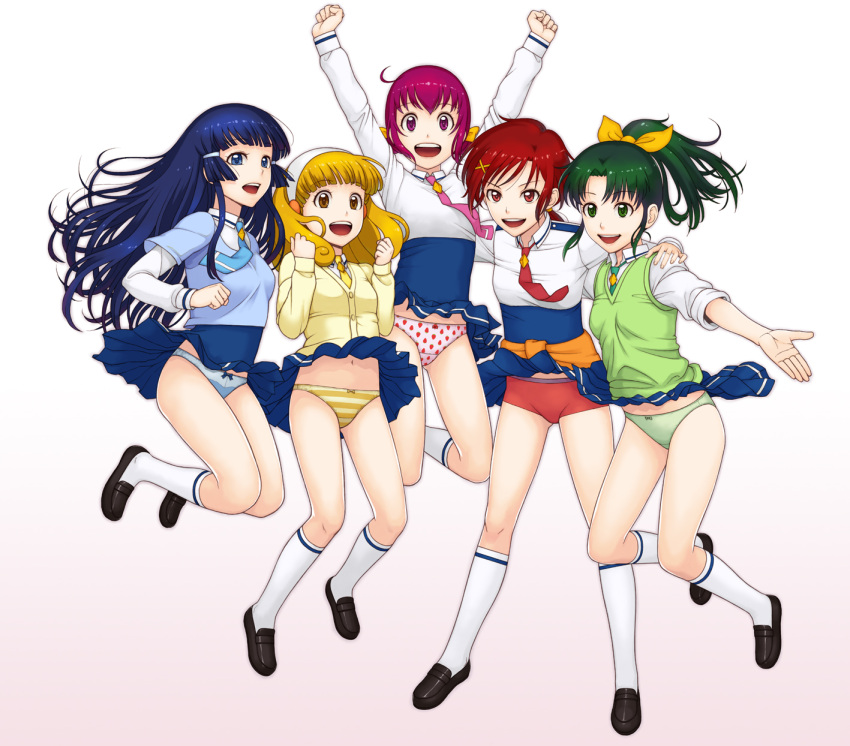 :d, aoki_reika, arm_around_shoulder, arms_up, blonde_hair, blue_eyes, blue_hair, blue_panties