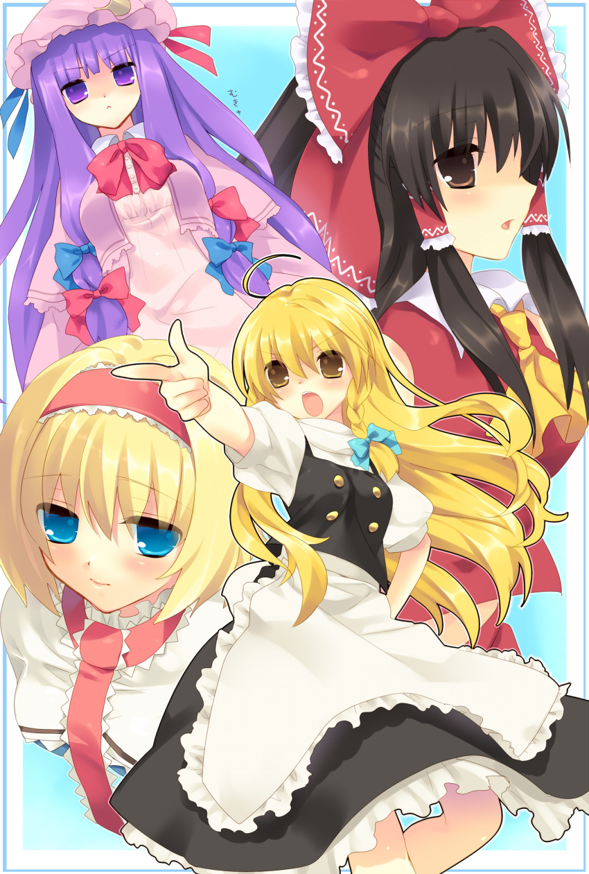 alice_margatroid, bad_id, finger_gun, hakurei_reimu, highres, kirisame_marisa, mukyuu, nekoiro