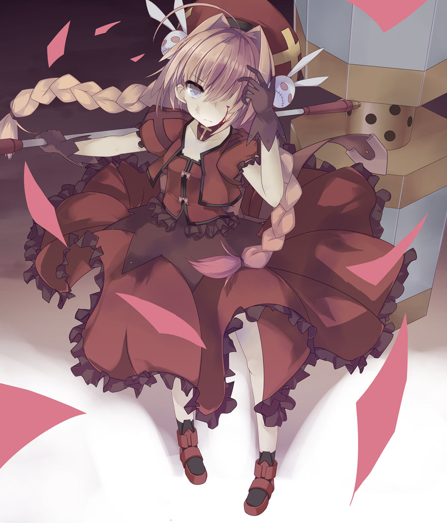 blood, blue_eyes, braid, bunny, dress, graf_eisen, hair_over_one_eye, hammer