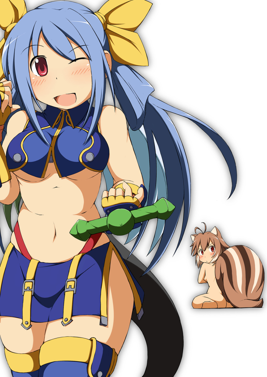 alternate_costume, animal_ears, antenna_hair, asymmetrical_wings, bare_shoulders, blazblue, blue_hair, bow