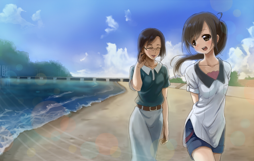 arms_behind_back, brown_eyes, brown_hair, closed_eyes, eyes_closed, glasses, long_hair, multiple_girls, neki_(wakiko), sakai_wakana, short_hair, smile, takakura_naoko, tari_tari