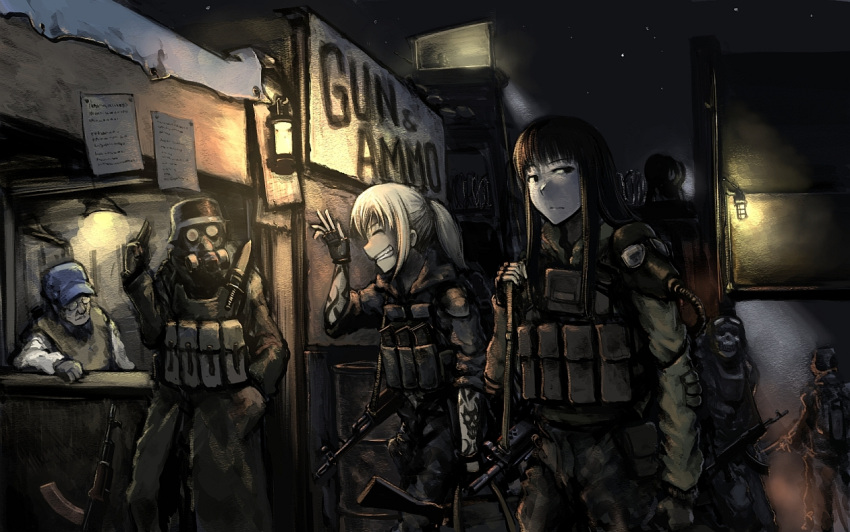 4boys, ak-74, assault_rifle, balaclava, black_hair, blonde_hair, dark, fingerless_gloves