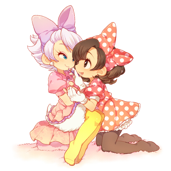 black_legwear, bow, brown_hair, daisy_duck, disney, dress, full_body, hair_bow