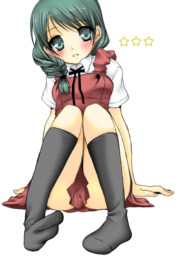 blush, braid, green_eyes, green_hair, hidamari_sketch, long_hair, looking_at_viewer, natsume_(hidamari_sketch)