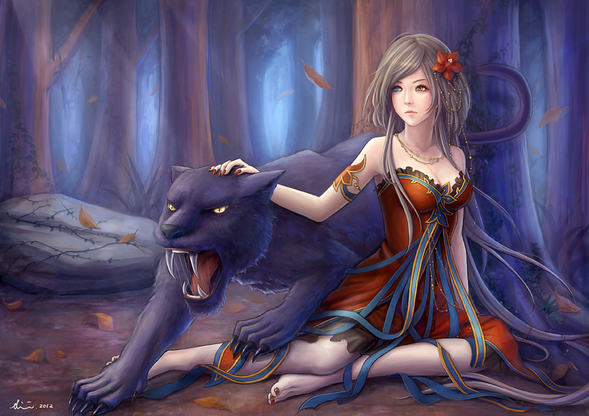 animal, armlet, bare_legs, barefoot, black_panther, brown_hair, dress, flower