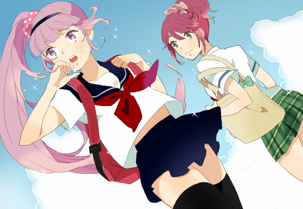 backpack, bag, cheria_barnes, green_eyes, mikkabouzu_(kisarisa), multiple_girls, pink_hair, plaid