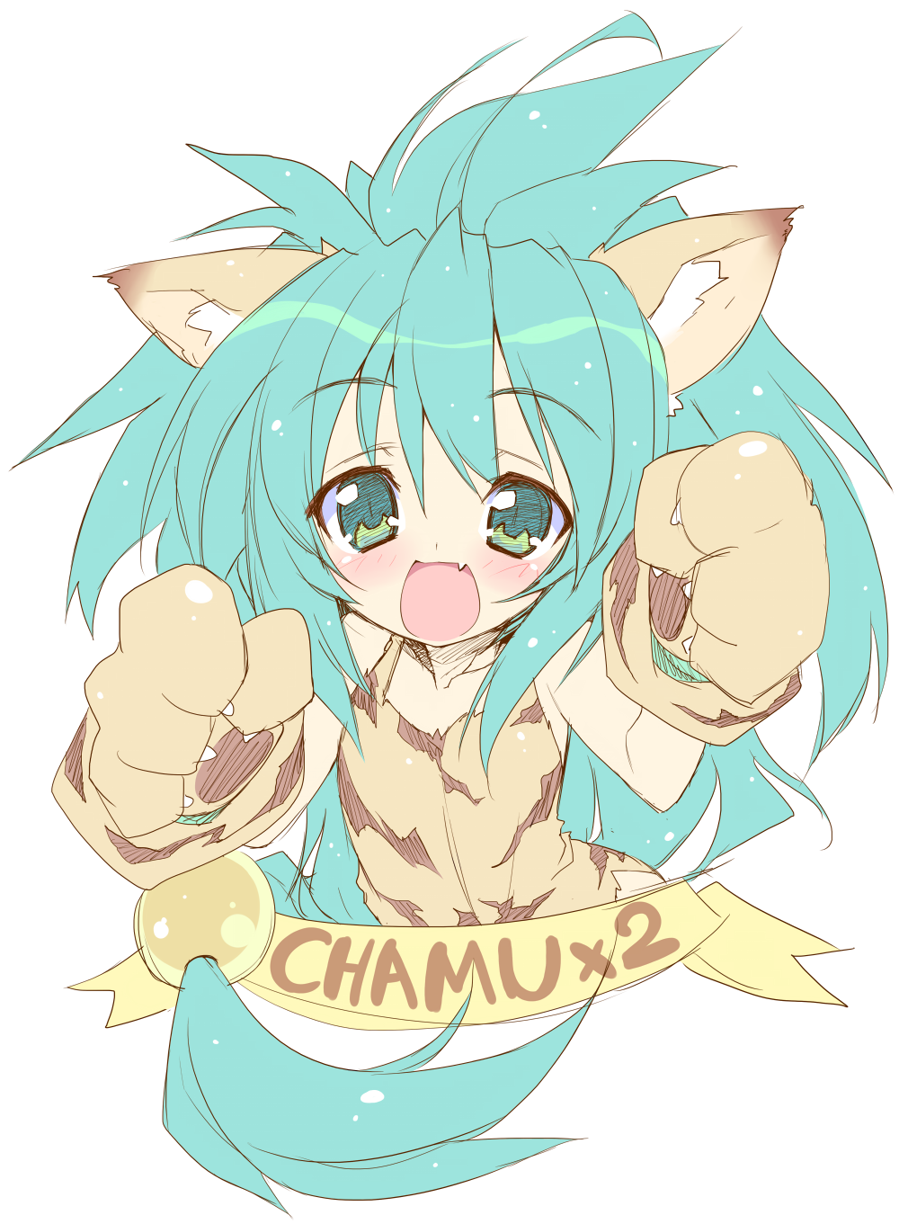 animal_ears, blush, cat_ears, chamcham, character_name, collarbone, fang, green_eyes