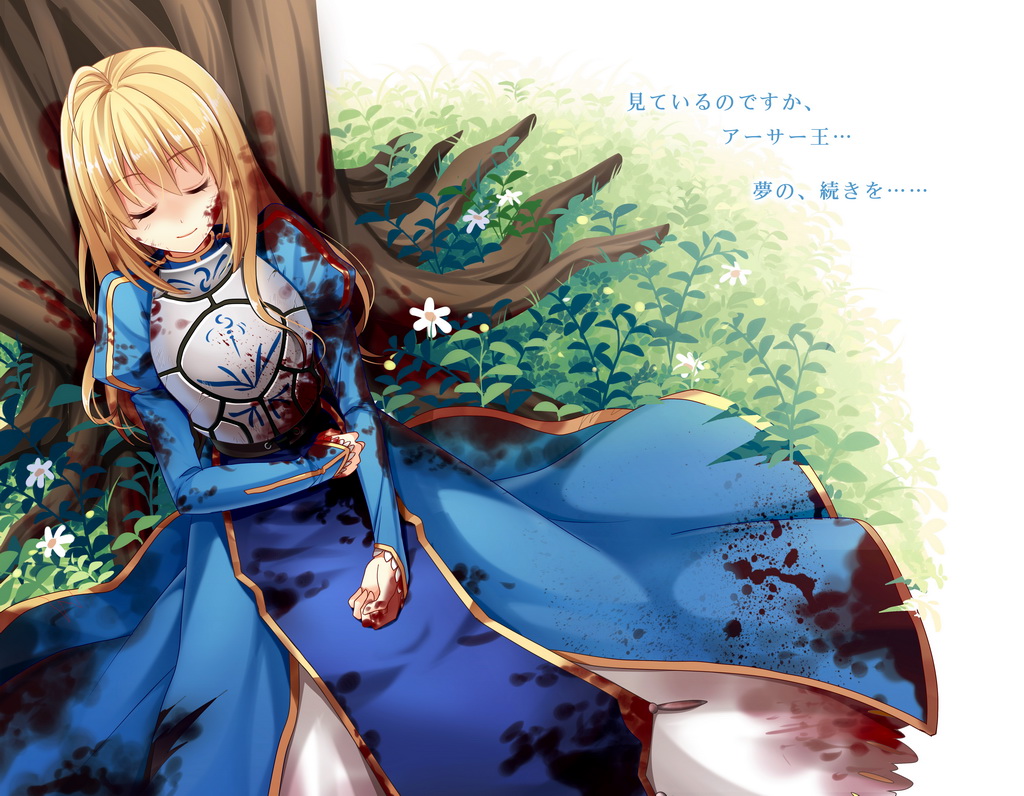 blonde_hair, blood, closed_eyes, dress, eyes_closed, fate/stay_night, fate_(series), hair_down