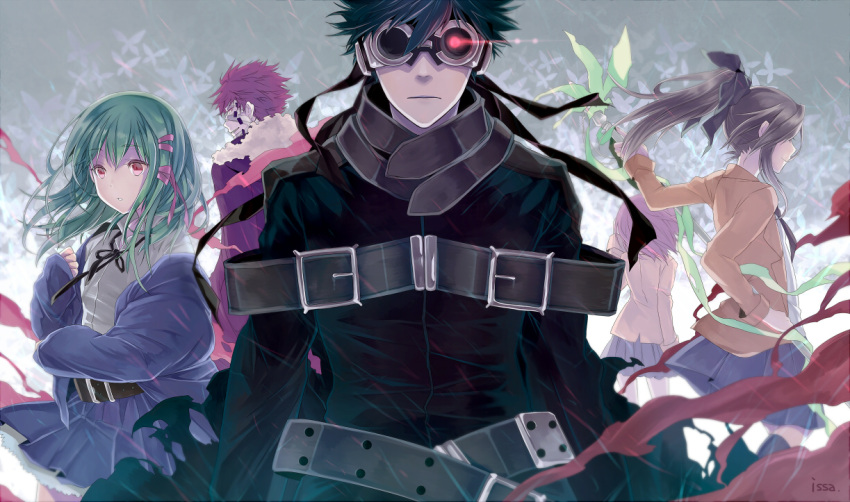 3girls, anmoto_shiika, bandage, bandages, butterfly, coat, goggles, googles, green_hair, ichinokuro_arisu, issa_(sorako45), kusuriya_daisuke, multiple_boys, multiple_girls, mushiuta, purple_hair, red_eyes, ribbon, school_uniform, sehateno_harukiyo, short_hair, skirt, staff, tachibana_rina