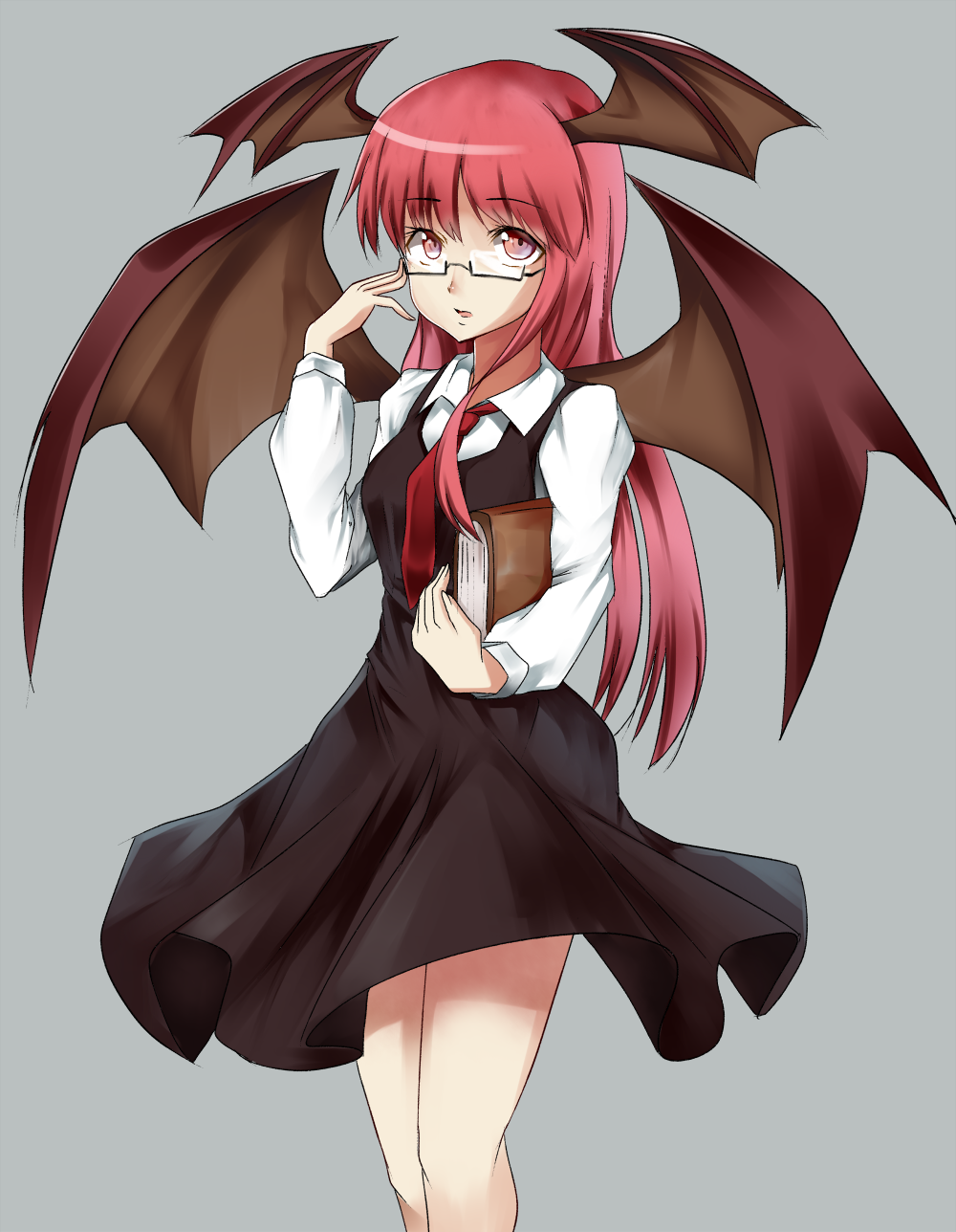 adjusting_glasses, bad_id, bat_wings, bespectacled, book, dress, glasses, grey_background