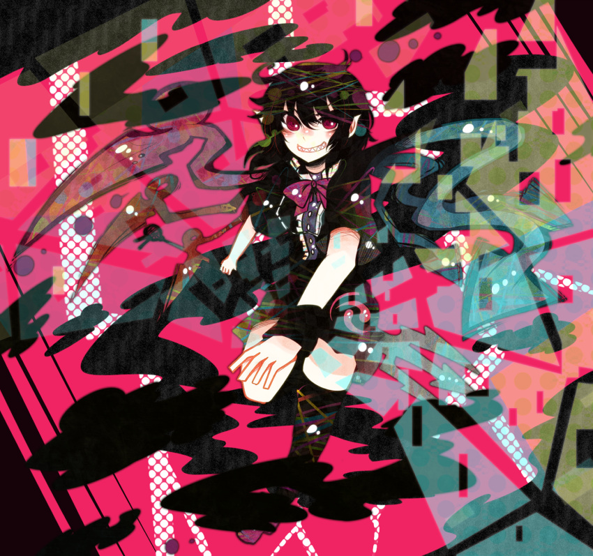 asymmetrical_wings, bad_id, black_hair, bow, highres, houjuu_nue, open_mouth, pointy_ears