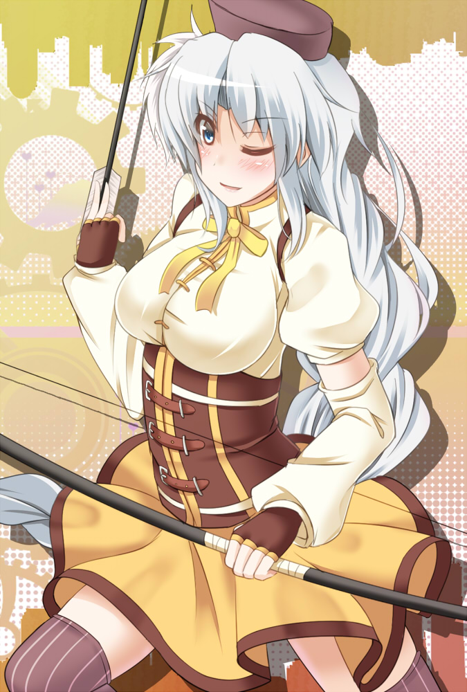 arrow, beret, blue_eyes, bow_(weapon), braid, breasts, corset, cosplay