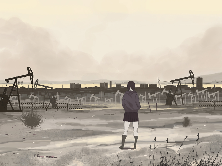 black_hair, cityscape, cloudy_sky, from_behind, grass, hands_in_pockets, hoodie, horizon, landscape, monochrome, oil_well, original, shiira, solo, standing