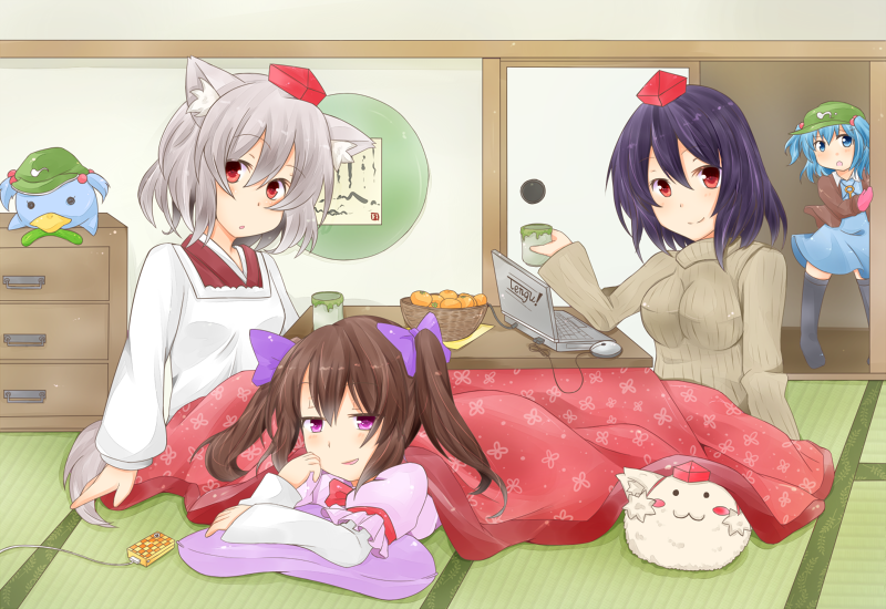 :3, animal_ears, chiya, computer, food, fruit, hat, himekaidou_hatate