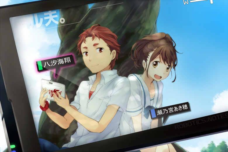 1girl, :d, against_tree, augmented_reality, bowtie, brown_eyes, brown_hair, character_name