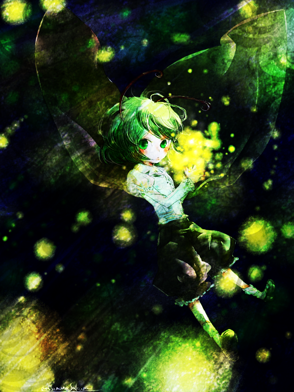 antennae, blush, glowing, green_eyes, green_hair, masamune_(eight5050), short_hair, solo