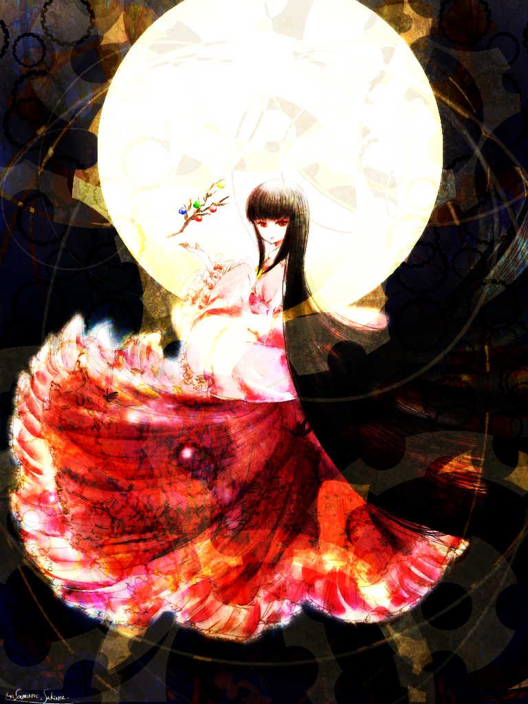 black_hair, branch, full_moon, hime_cut, houraisan_kaguya, japanese_clothes, jeweled_branch_of_hourai, long_hair