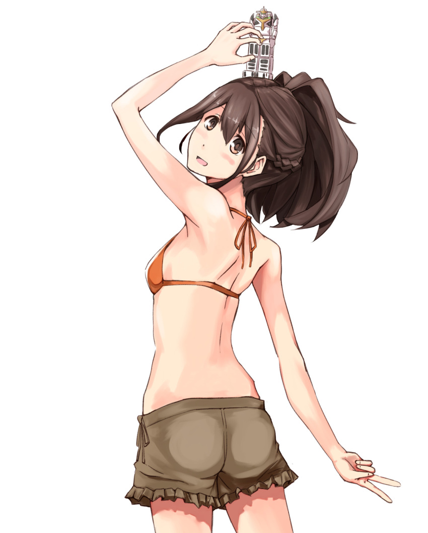 asterism, bikini_top, blush, brown_eyes, brown_hair, from_behind, gunvarel, highres, looking_back, object_on_head, open_mouth, robotics;notes, senomiya_akiho, shorts, solo, toy, v