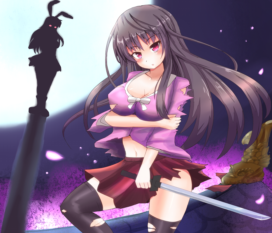:o, animal_ears, black_hair, black_legwear, blush, breast_hold, breasts, bunny_ears