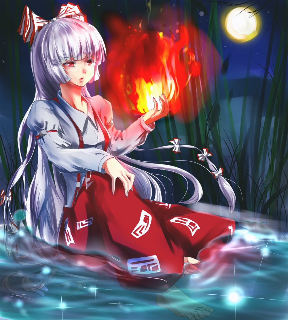 bad_id, bamboo, bamboo_forest, barefoot, fire, forest, fujiwara_no_mokou, full_moon